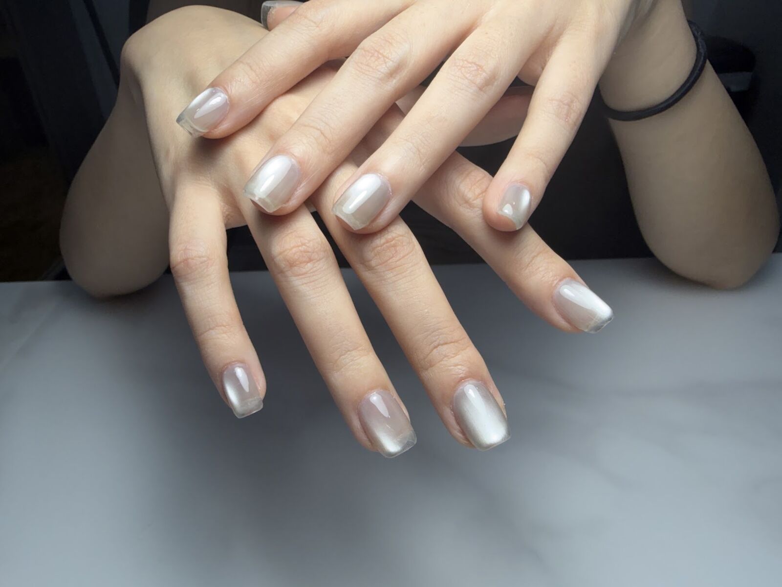 Pearl chrome glazed gel nails on short square natural nails, Lone Tree CO nail studio